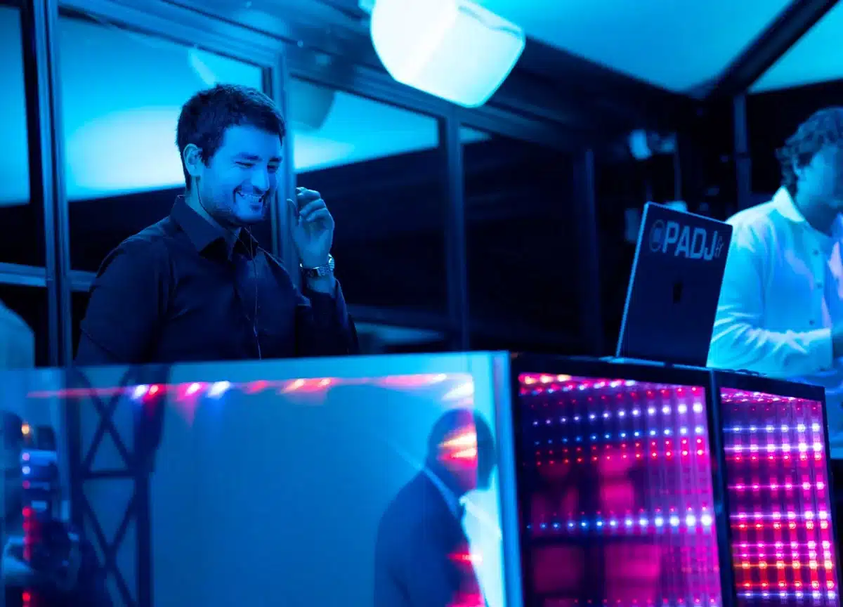 PADJ DJ booth with LED panels during a wedding reception