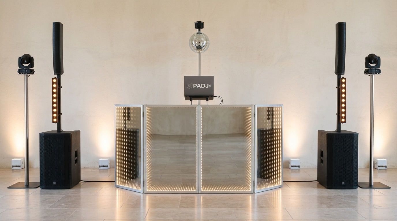 Installation DJ professionnelle complète pour mariage à Toulouse : système line array LD Systems, régie Traktor Kontrol S4 MK3, éclairage et boule à facettes