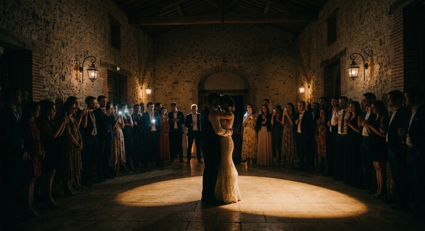 Wedding couple first dance at night