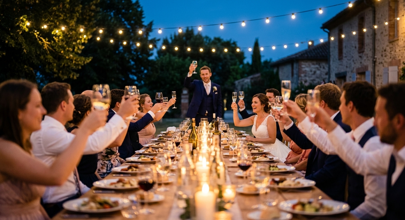 Wedding guests raising a toast at a long outdoor table