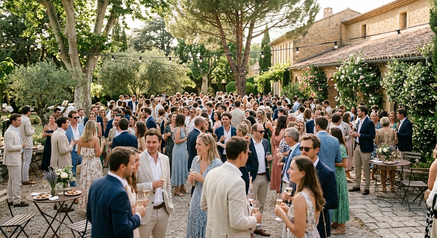 French wedding vin d honneur, guests mingling outdoors