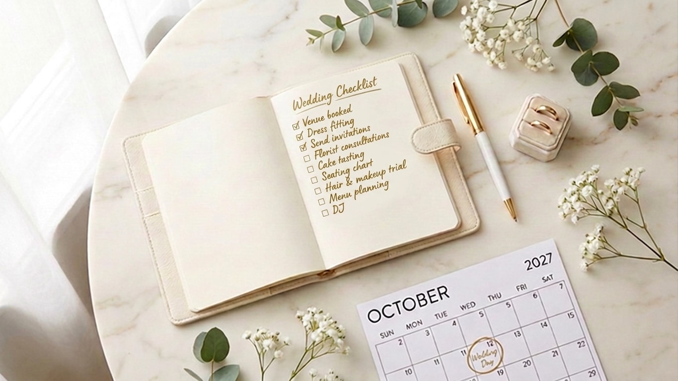Wedding planning checklist notebook with pen, rings, and calendar, showing DJ as an item on the list