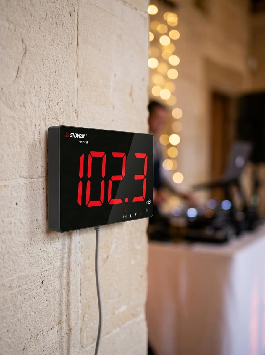 Digital sound level meter showing 95 dB, wall-mounted box used to monitor noise levels at a wedding venue