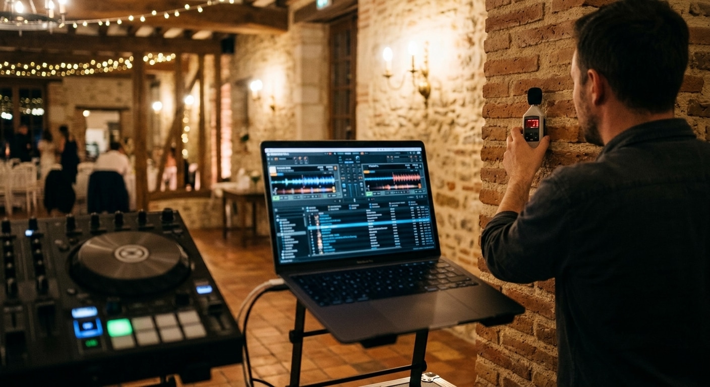 DJ checking the sound level meter during a wedding reception